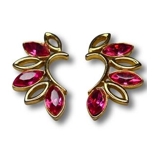 Fuchsia Pink Vintage Navette Gold Leaf Glam Evening Formal Earrings Dress